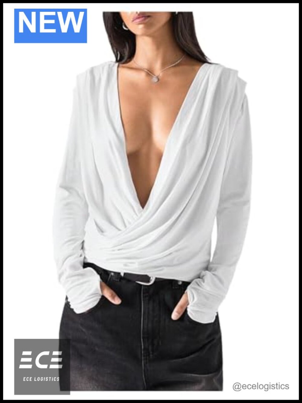 Women's Draped Front V-Neck Long Sleeve Slim Fit Ruched Top